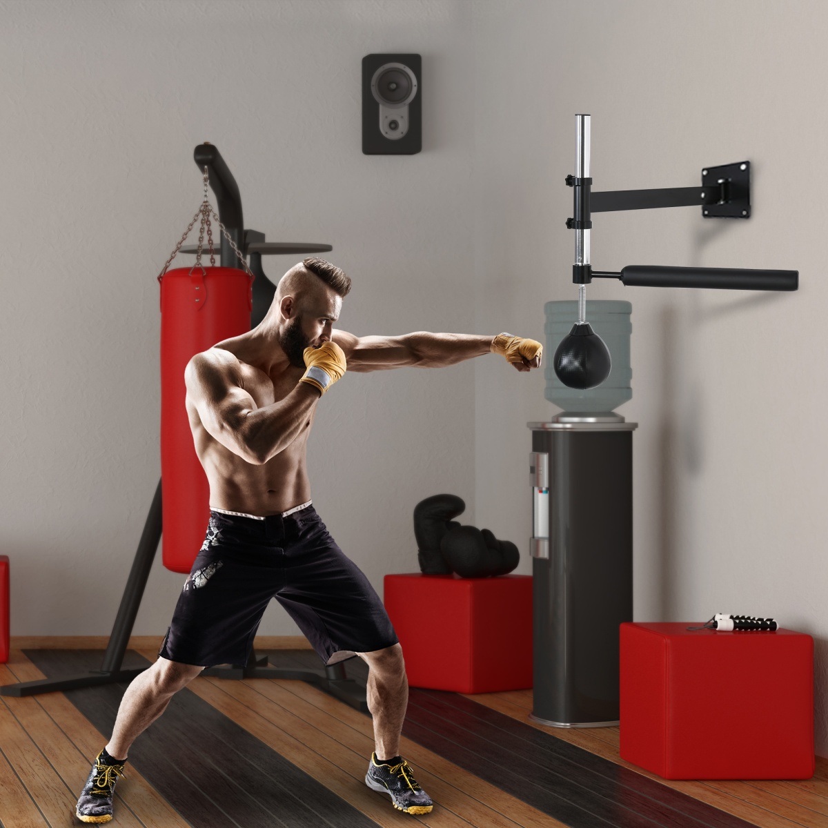 HOMCOM Wall Mounted Speed Bag with Adjustable Height & Steel Frame – Boxing Reflex Training Equipment, Black