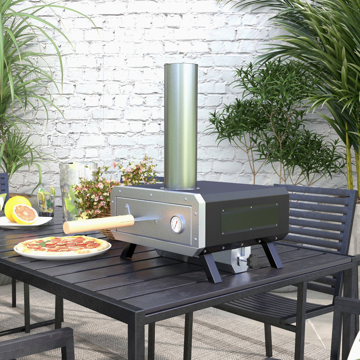 Outsunny Wood Fired Pizza Oven with Rotating Cordierite Stone, Chimney & Thermometer – Outdoor Patio Cooking, Black