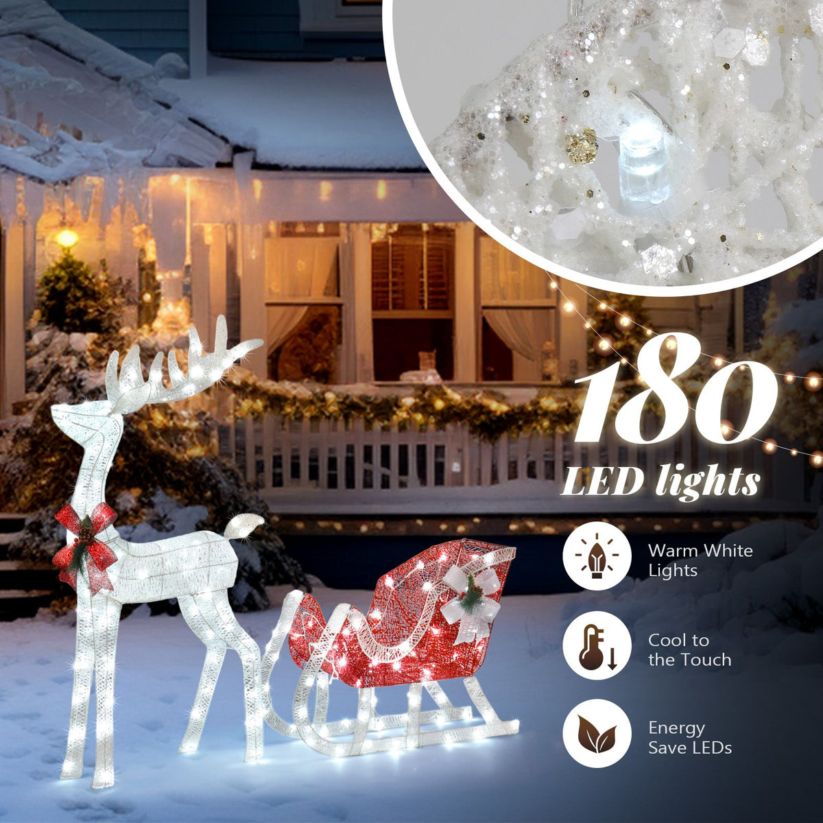 4ft Lighted Reindeer & Sleigh – Red & White