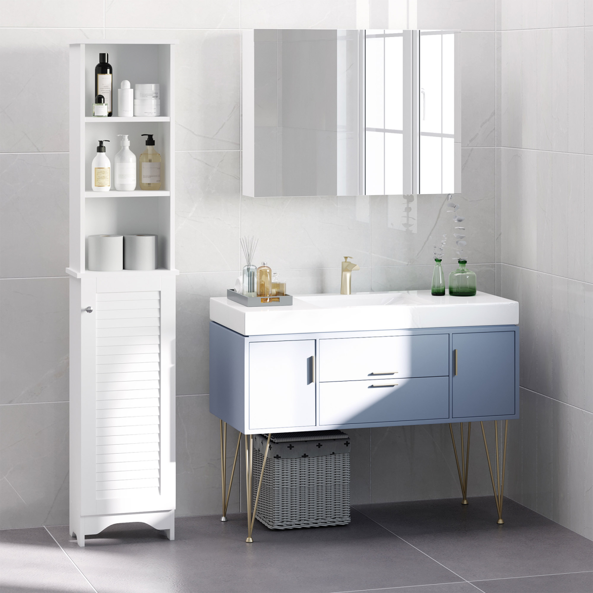 HOMCOM 6-Tier Tall Bathroom Storage Cabinet with Shutter Door – Slim Narrow Unit, White