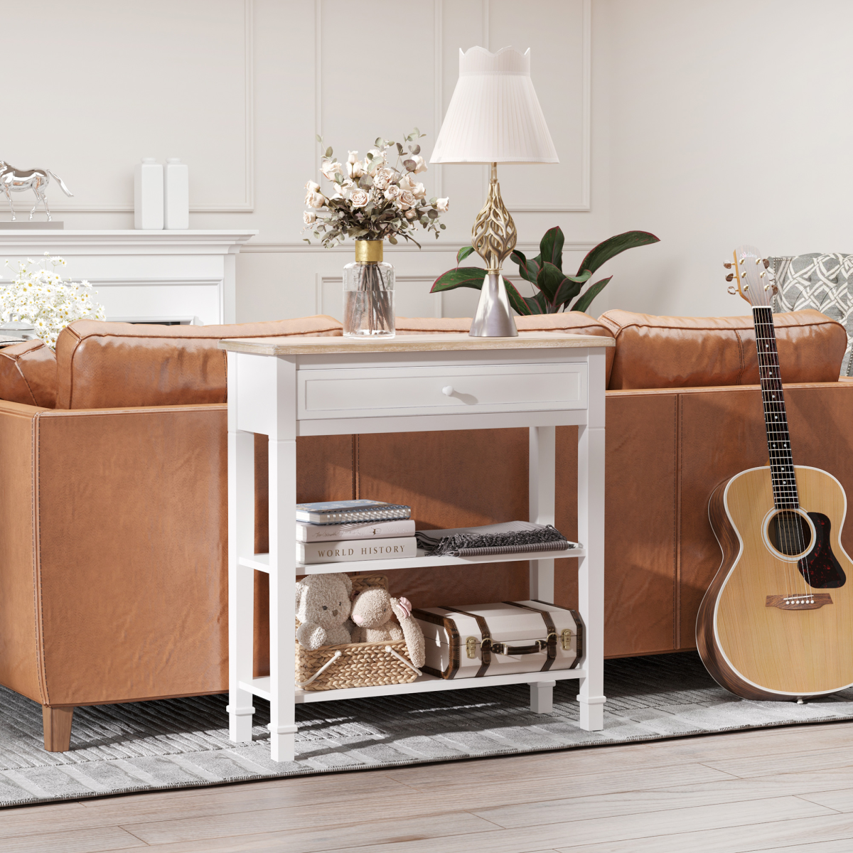 HOMCOM MDF Console Table with Wide Drawer and 2 Shelves – Hallway Storage Unit, White