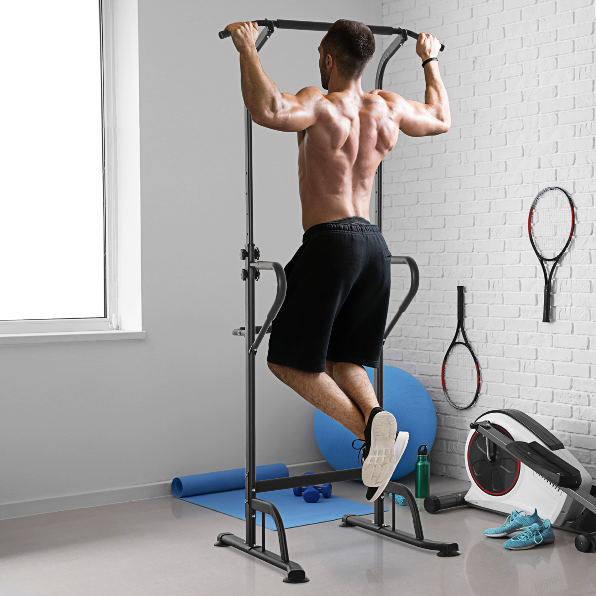 HOMCOM Power Tower Dip Station with Pull Up Bar, 5 Height Levels – Freestanding Home Gym Push Up Equipment