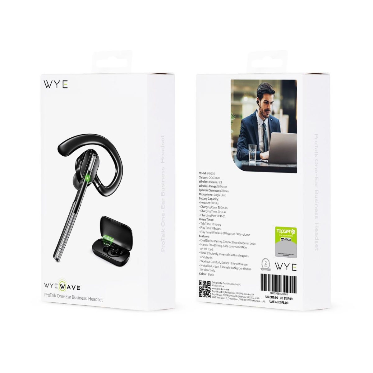 WYE ProTalk One-Ear Business Headset – Wireless 5.1, Active Noise Cancellation, Dual Device Pairing, Black