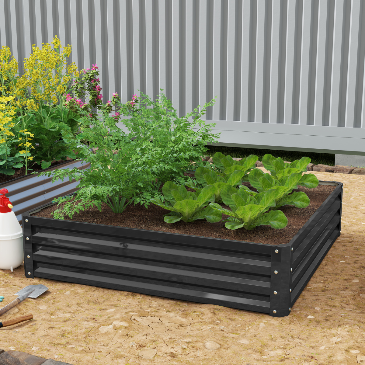 Outsunny 120 x 120cm Galvanised Steel Raised Garden Bed – Modular Planter Kit for Flowers and Vegetables, Grey