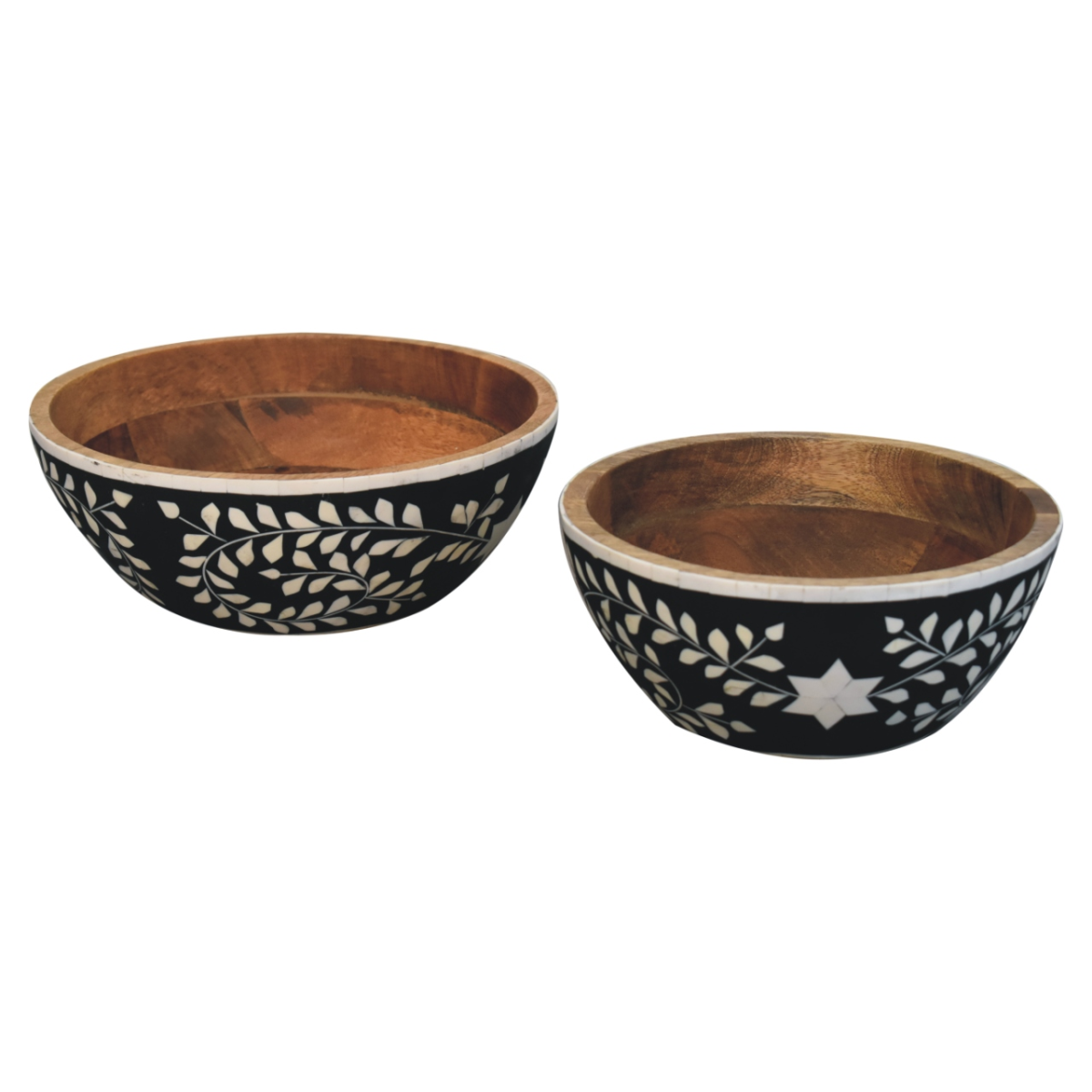 Artisan Furniture Floral Resin Inlay Bowl Set in Solid Mango Wood – Handcrafted Decorative Bowls, Black