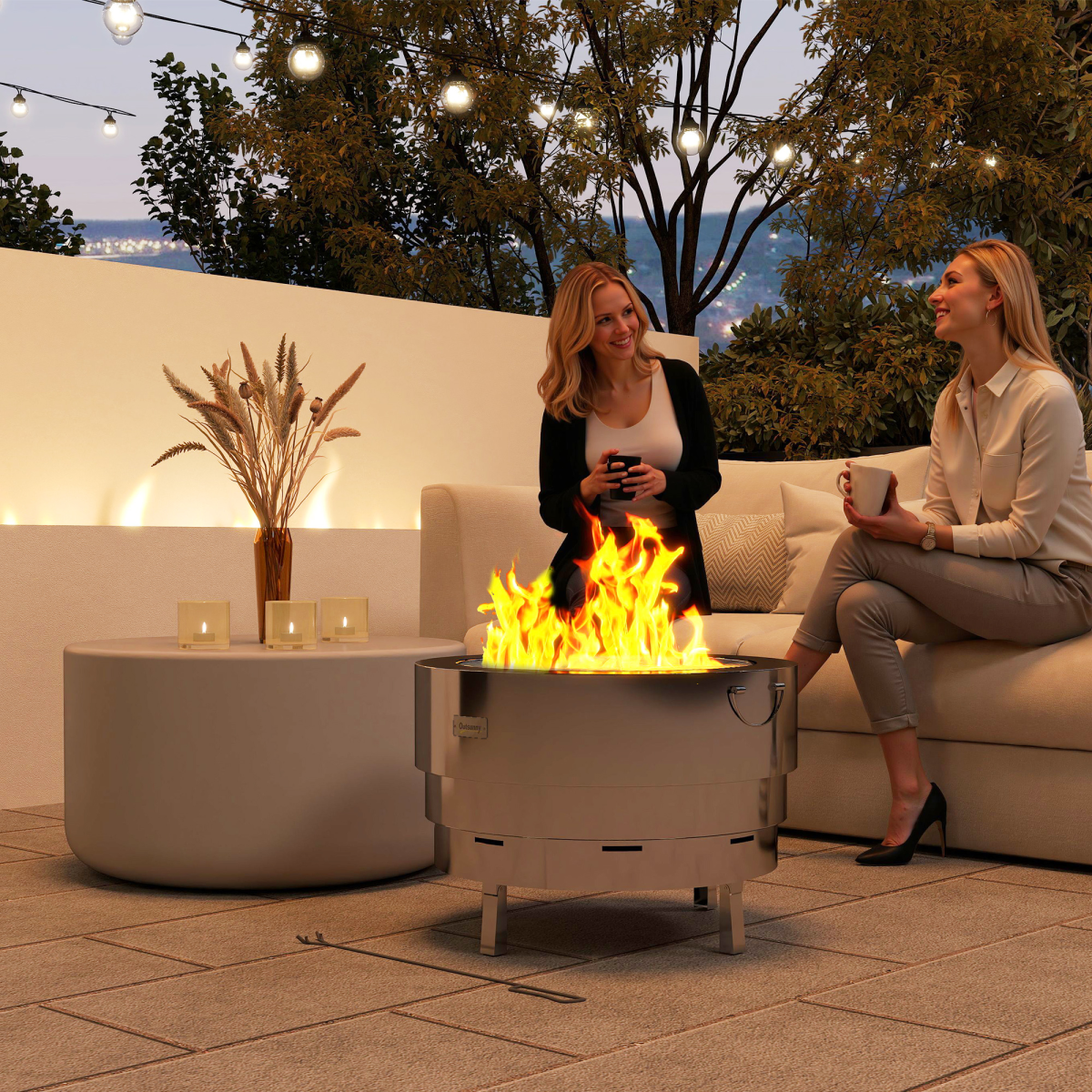 Outsunny Round Stainless Steel Fire Pit with Grill Net and Poker – Portable Garden Firepit, Silver