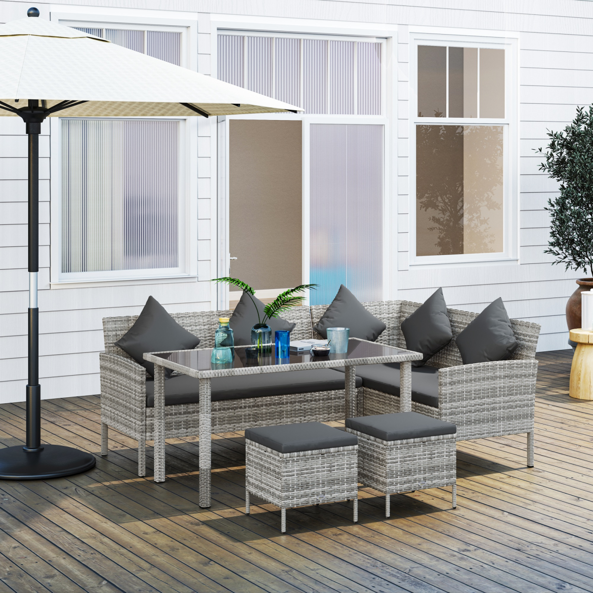 Outsunny 5-Piece Rattan Corner Sofa Dining Set with Glass Table and Footstools – Garden Furniture, Dark Grey