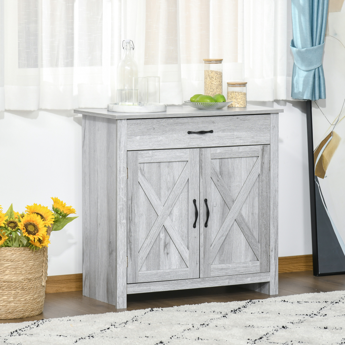Farmhouse Barn Door Sideboard Buffet & Coffee Bar Cabinet – Sliding Door Kitchen Storage, Grey Wood Grain