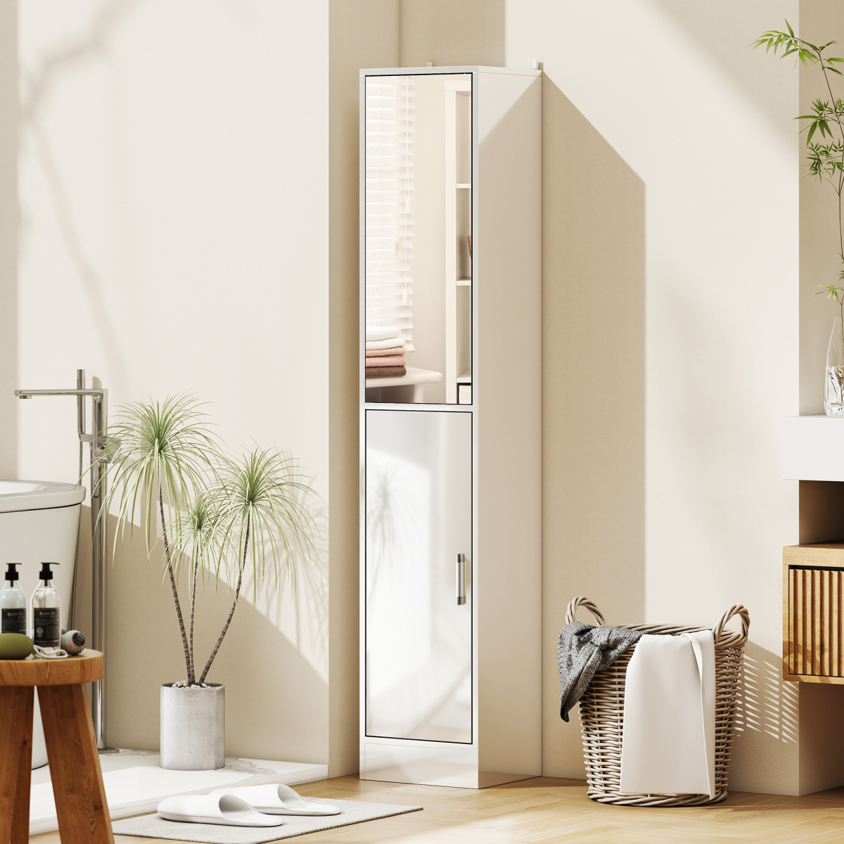 kleankin Tall Bathroom Cabinet with Mirror Door – Narrow Storage with Adjustable Shelves, High Gloss White