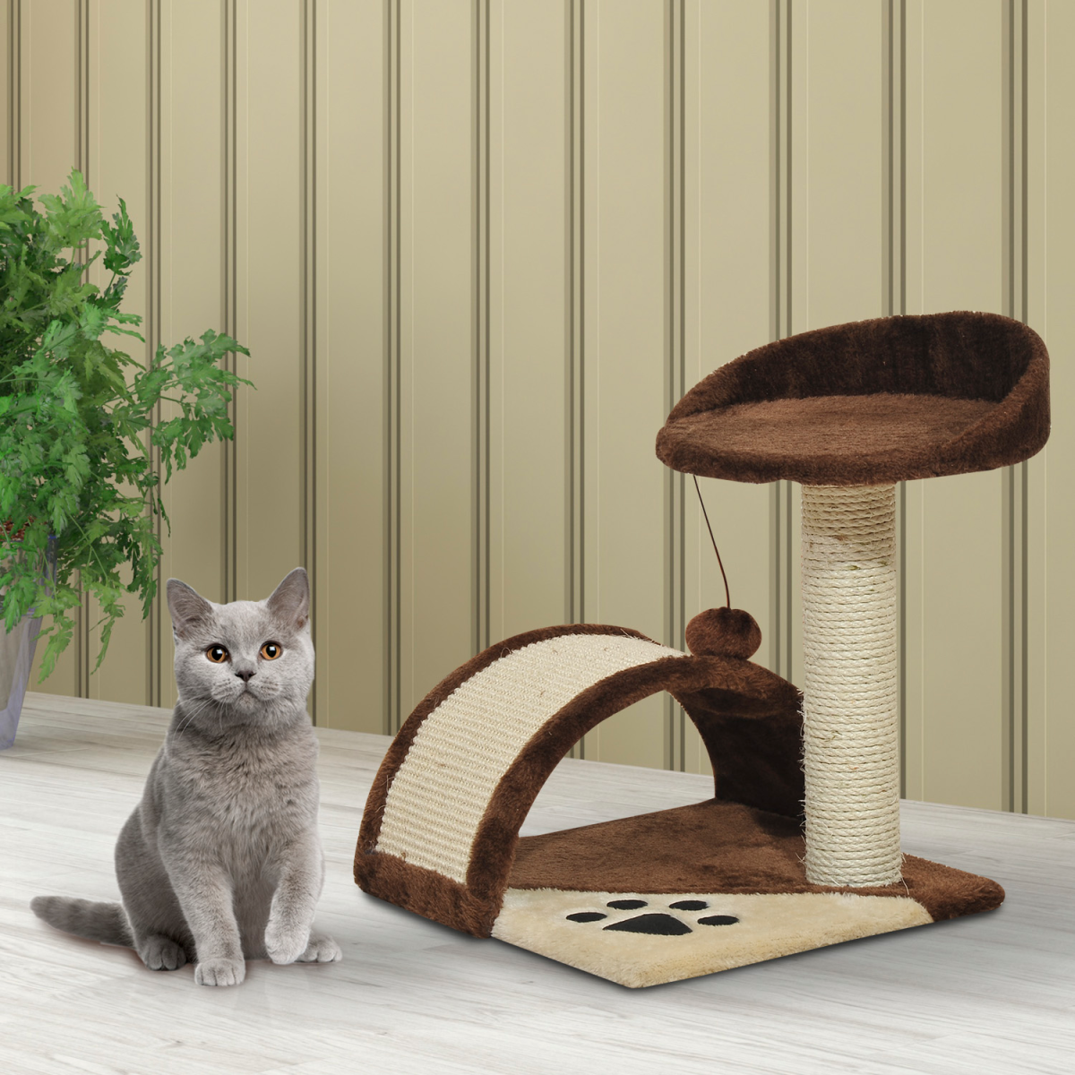 PawHut Cat Tree with Sisal Scratching Posts & Fun Ball Toy – Cosy Play and Rest Tower for Kittens, Brown