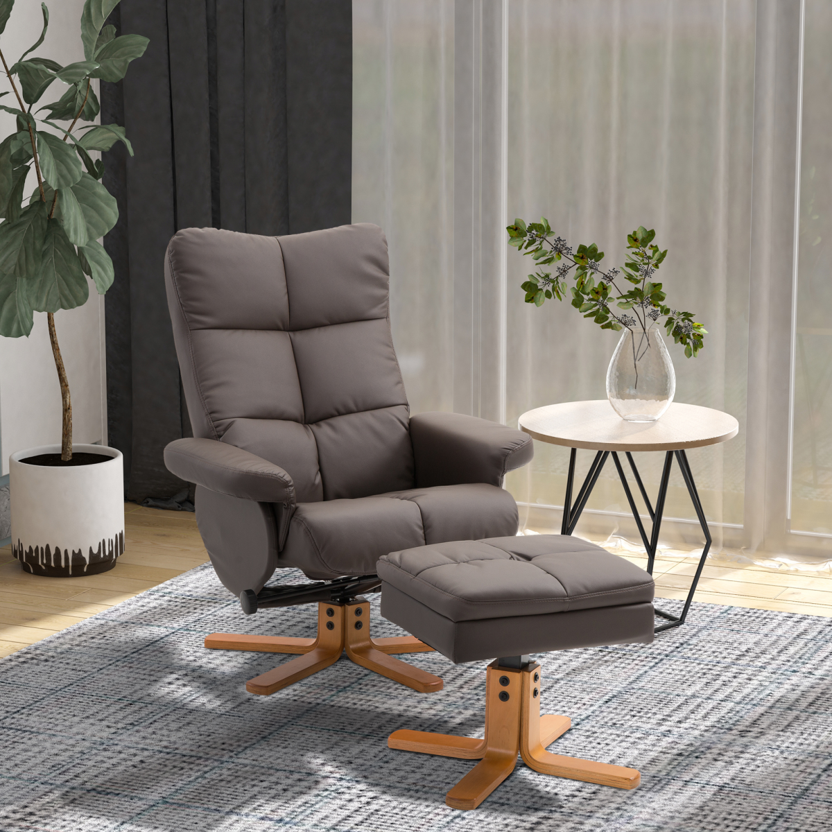Faux Leather Recliner Chair with Storage Ottoman Footrest & Wipe-Clean Upholstery – Living Room Lounger, Brown