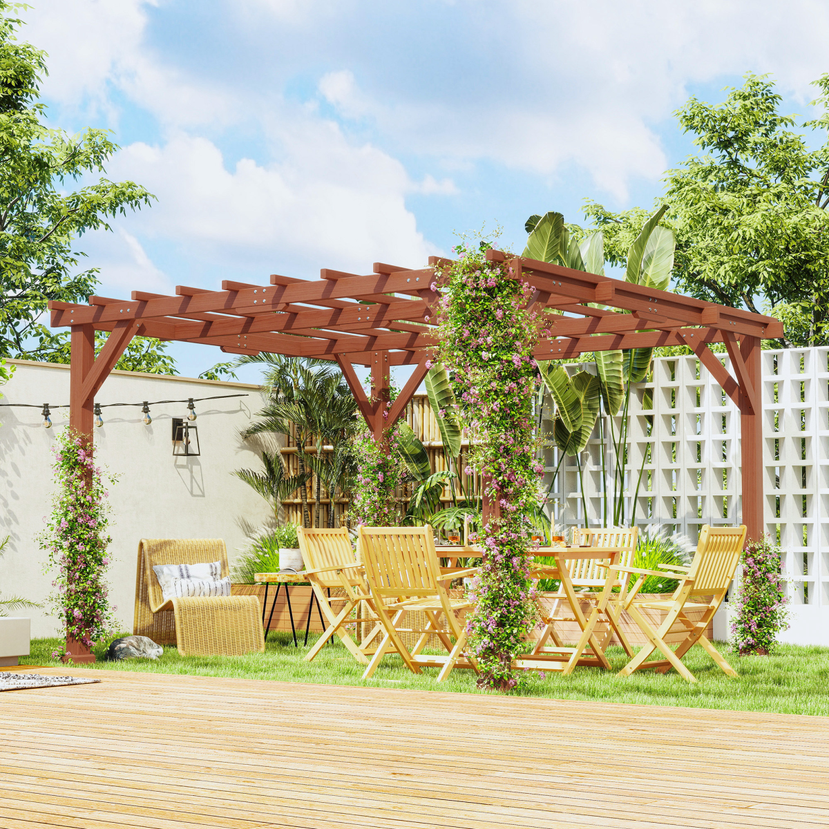 Outsunny 3.3x3.3m Wooden Pergola Kit with Fir Wood Columns & Crisscross Beams – Garden Gazebo, Brown