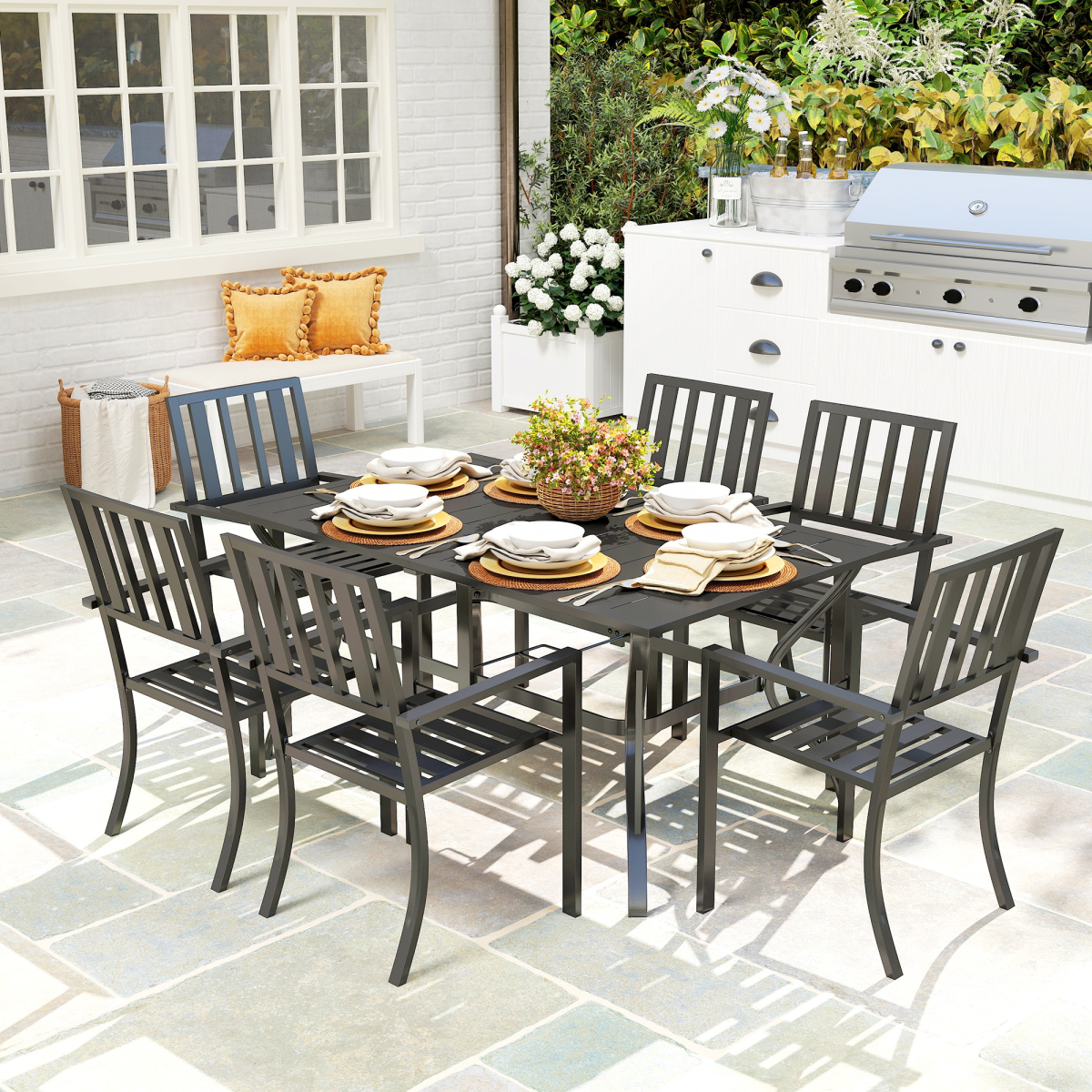 Outsunny 7-Piece Steel Patio Dining Set with 42mm Umbrella Hole – Table & 6 Stackable Chairs, Black