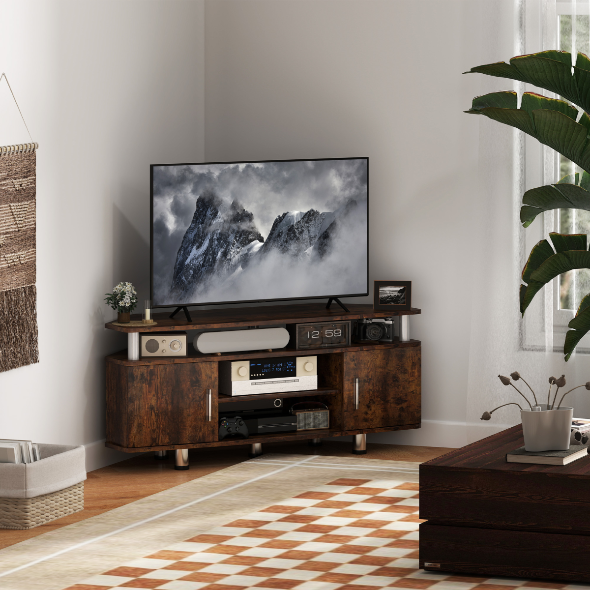 HOMCOM TV Unit Cabinet with 2 Cupboards and Open Shelves – Media Storage for Living Room or Bedroom, Rustic Brown