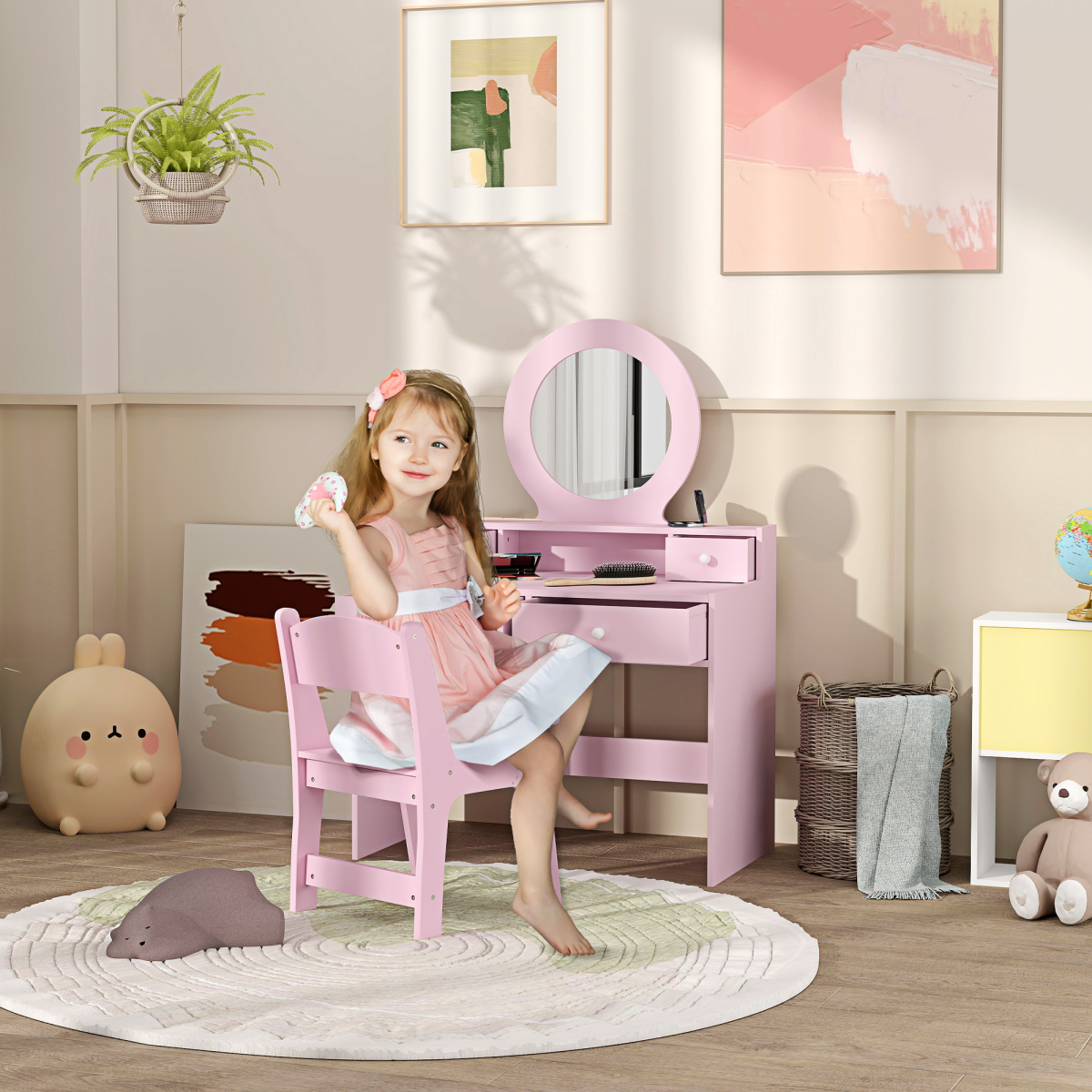 AIYAPLAY Kids Dressing Table Set with Stool, Oval Mirror and Four Drawers – Pink