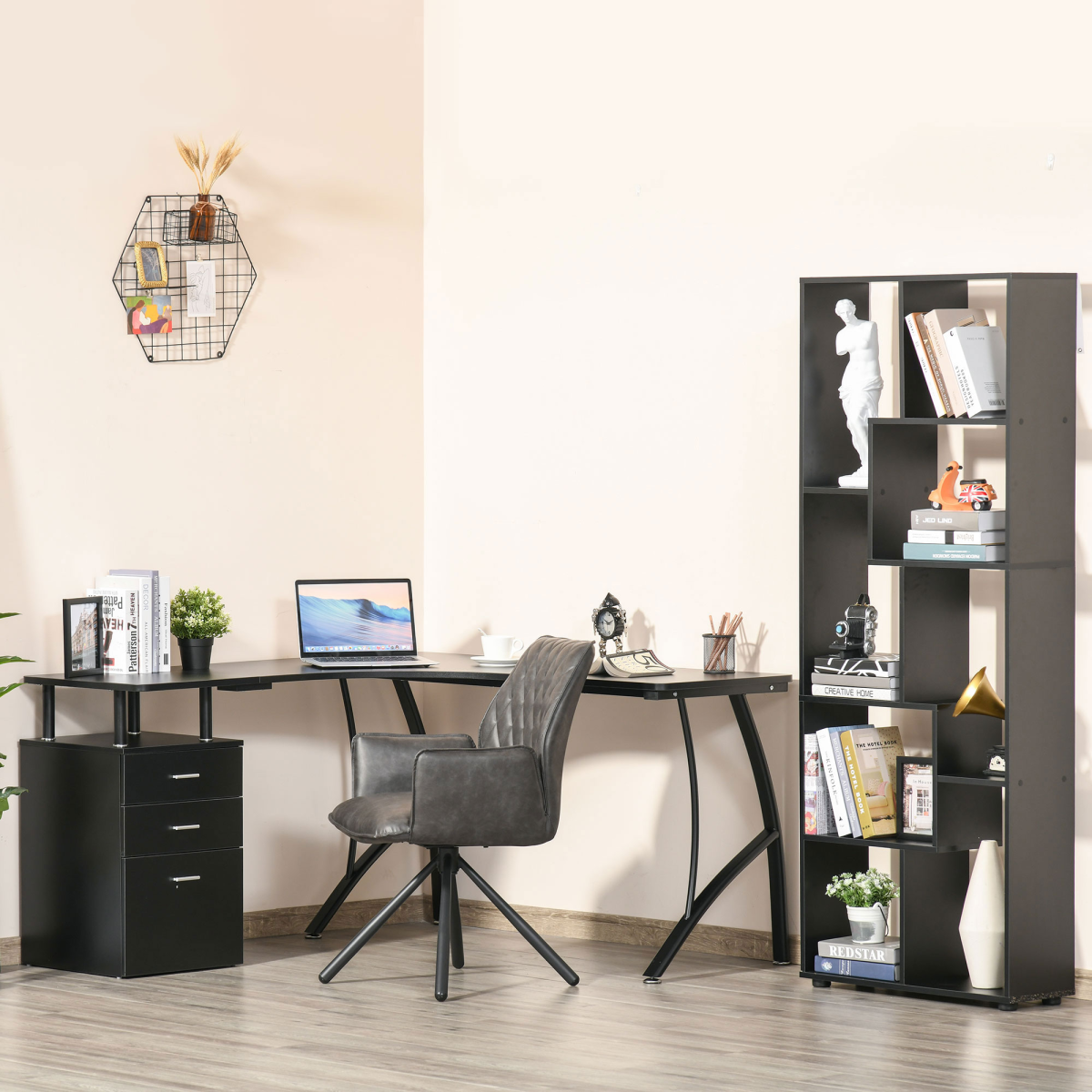 L-Shaped Corner Computer Desk with 3 Drawers & Steel Frame – Space-Saving Home Office Workstation, Black