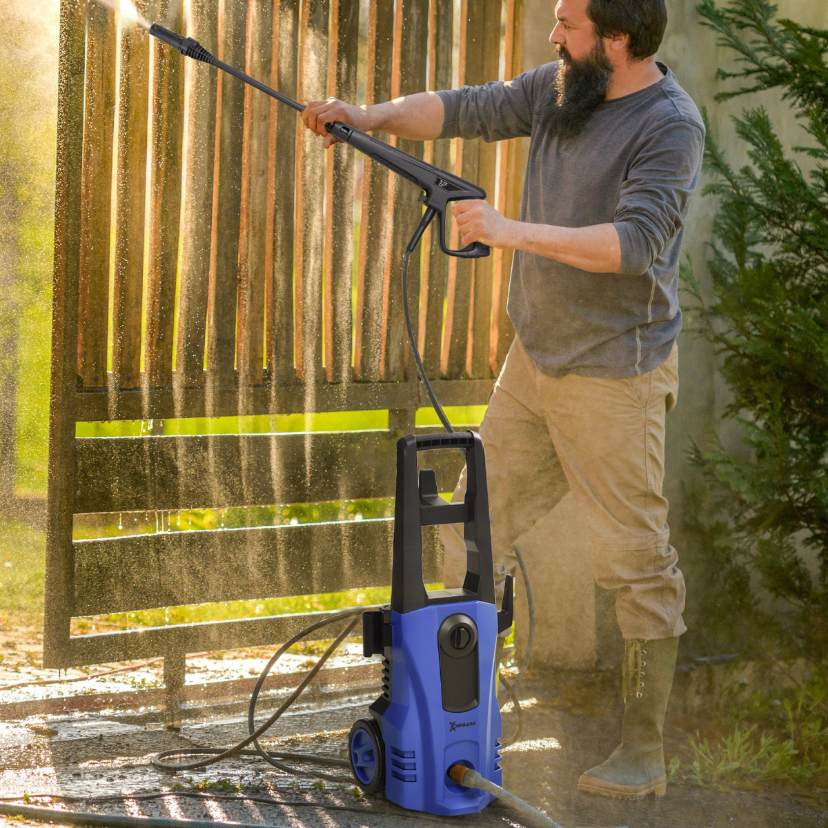 DURHAND 1800W Pressure Washer, 150 Bar, 510 L/h with Snow Foam Bottle & Hose Reel – Car & Patio Cleaner, Blue