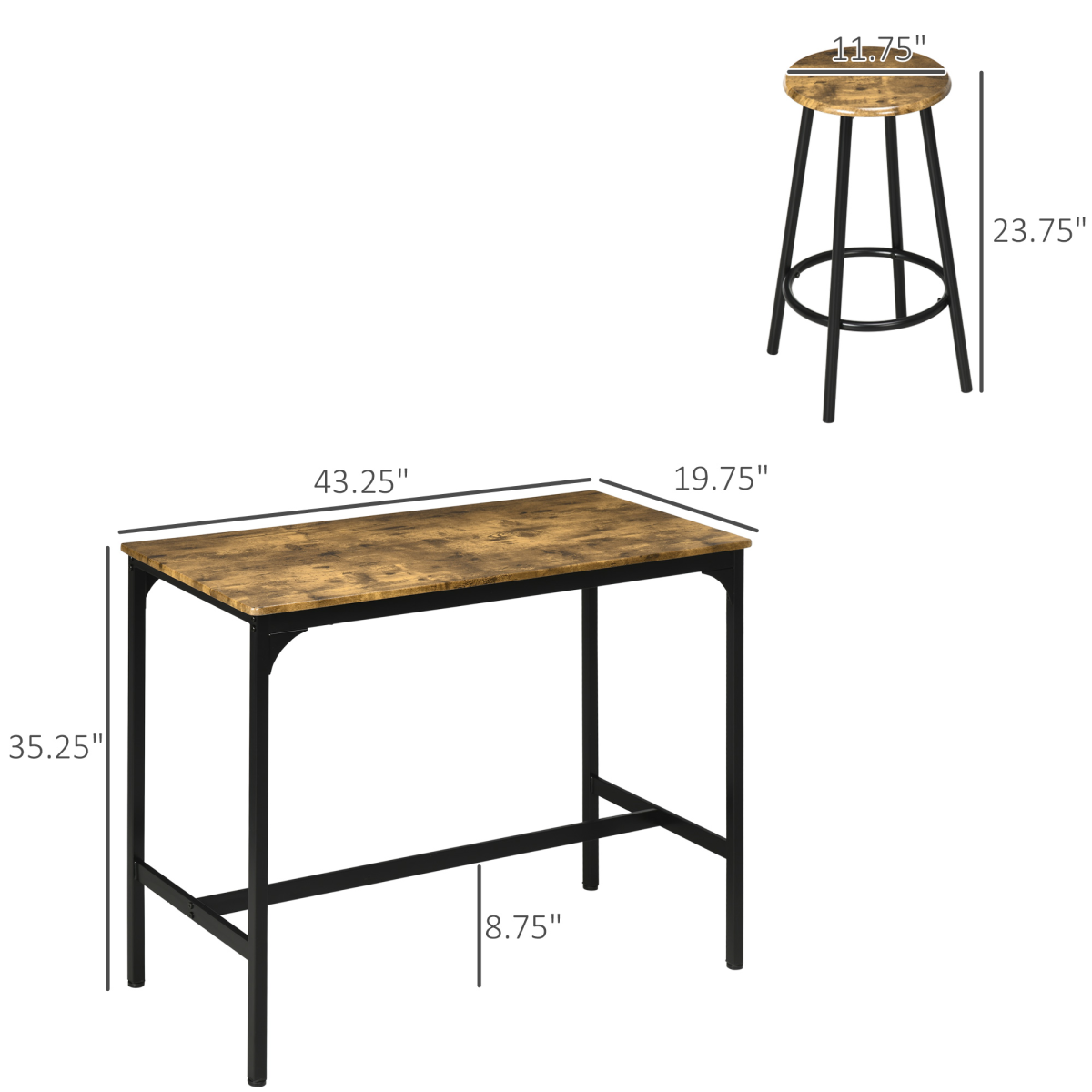 5-Piece Bar Table and Stool Set with 4 Stools – Space-Saving Pub Dining Set, Rustic Brown and Black