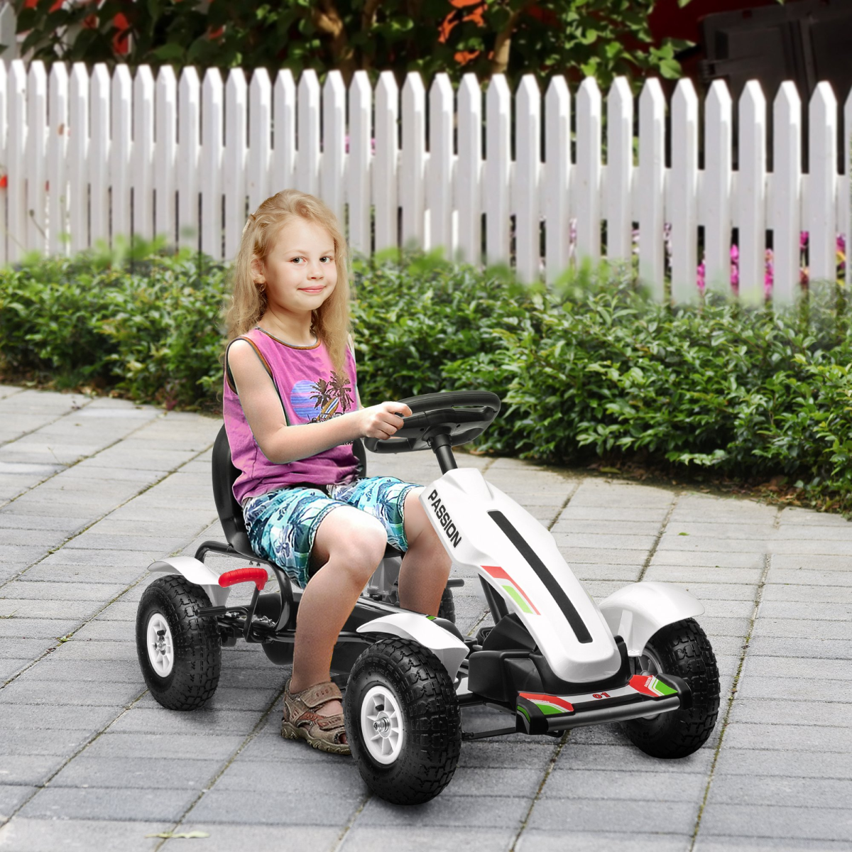 HOMCOM Children's Pedal Go Kart with Adjustable Seat, Inflatable Tyres and Handbrake – Ages 5-12, White