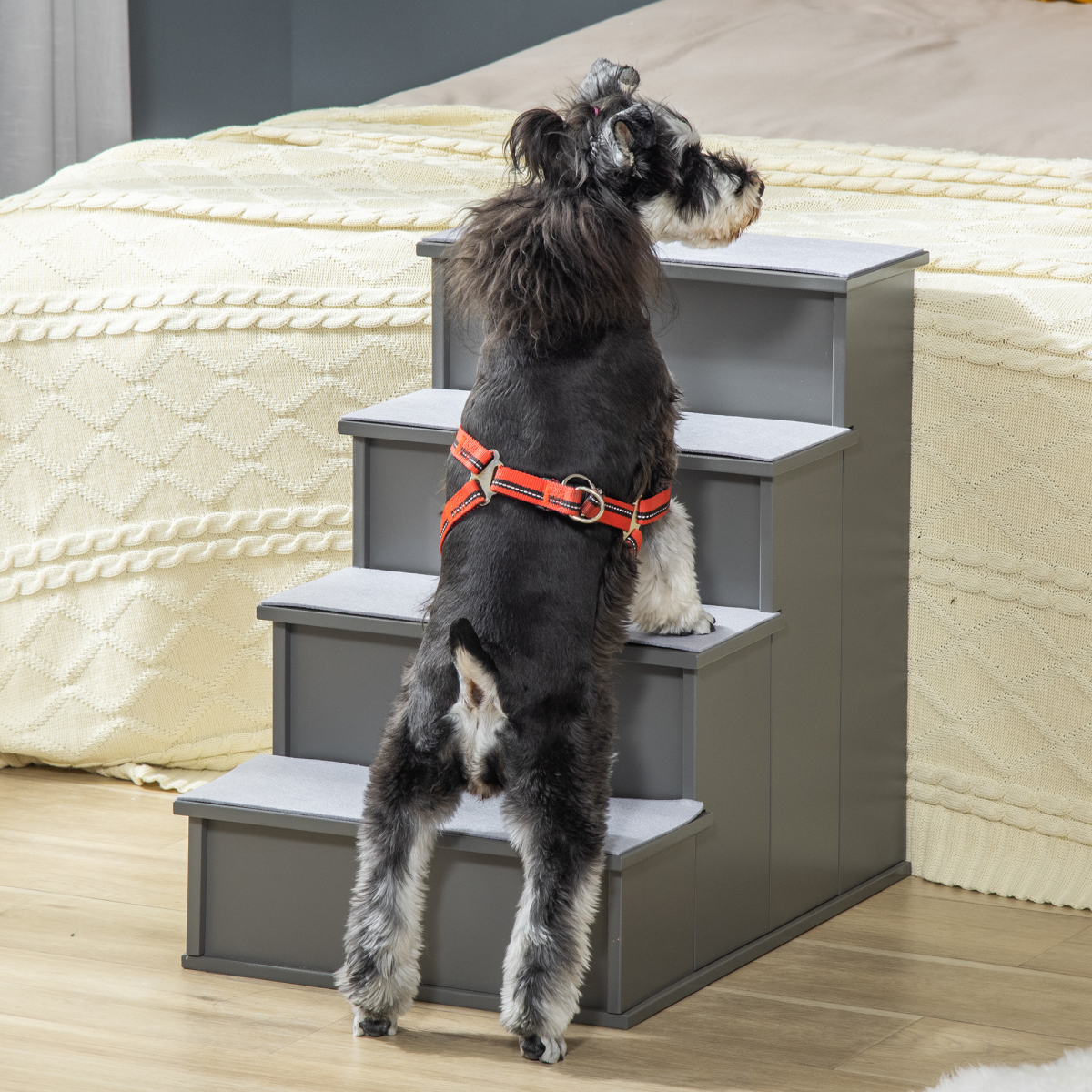 Pawhut 4 Step Wooden Dog Steps with Removable Cushions – Pet Stairs and Cat Ladder for Bed and Couch, Grey