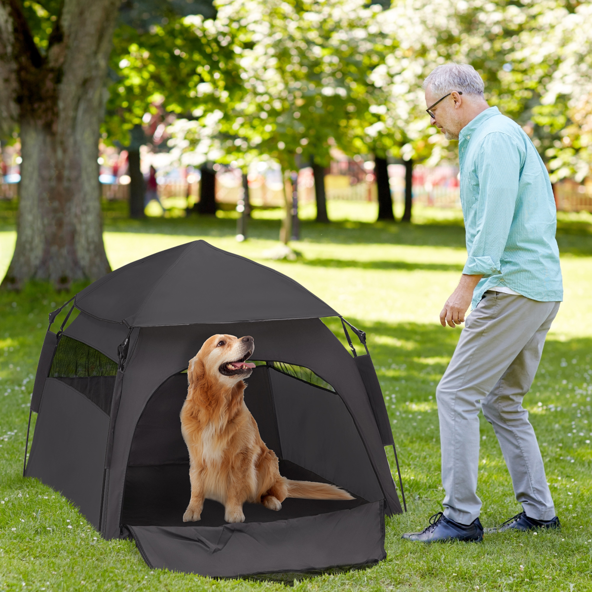 PawHut Foldable Dog and Cat Tent with Waterproof Oxford Cloth & Carry Bag – Indoor and Outdoor Shelter, Grey