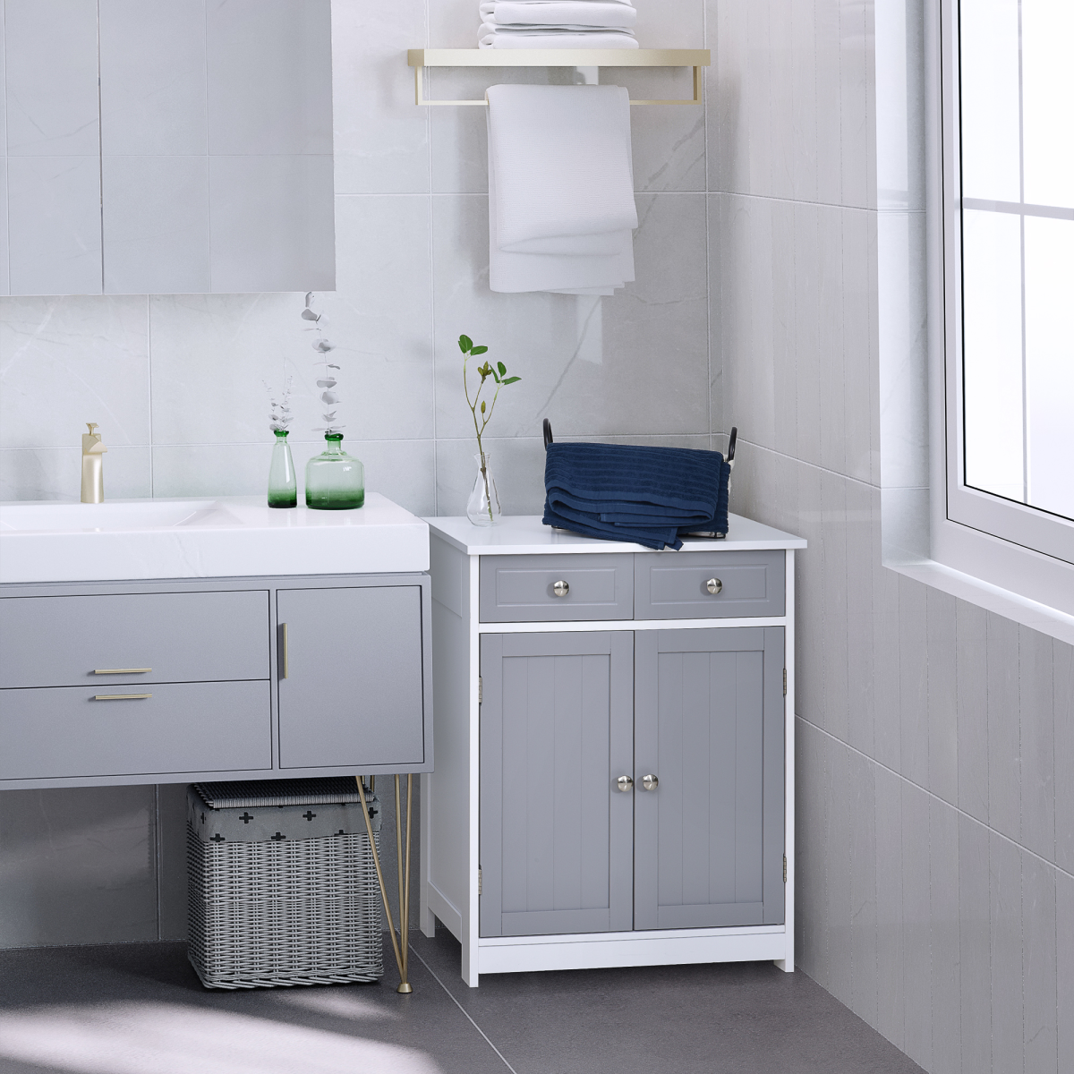 kleankin 2-Drawer Freestanding Bathroom Cabinet with Cupboard and Adjustable Shelf – Moisture Resistant MDF, Grey