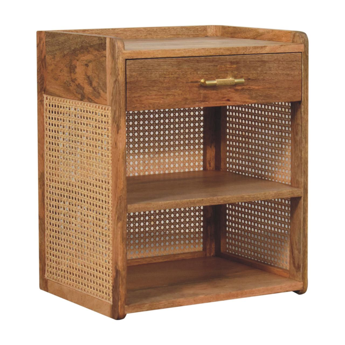 Artisan Furniture Solid Wood Larissa T-Bar Bedside Table with 1 Drawer & 2 Open Slots – Beige