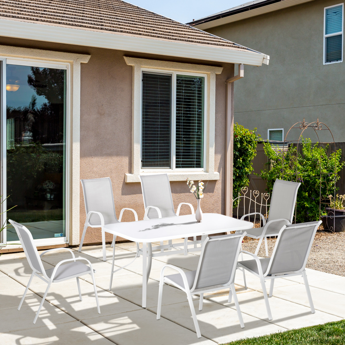 Outsunny 7-Piece 6-Seater Garden Dining Set with Mesh Armchairs & Tempered Glass Table – Grey
