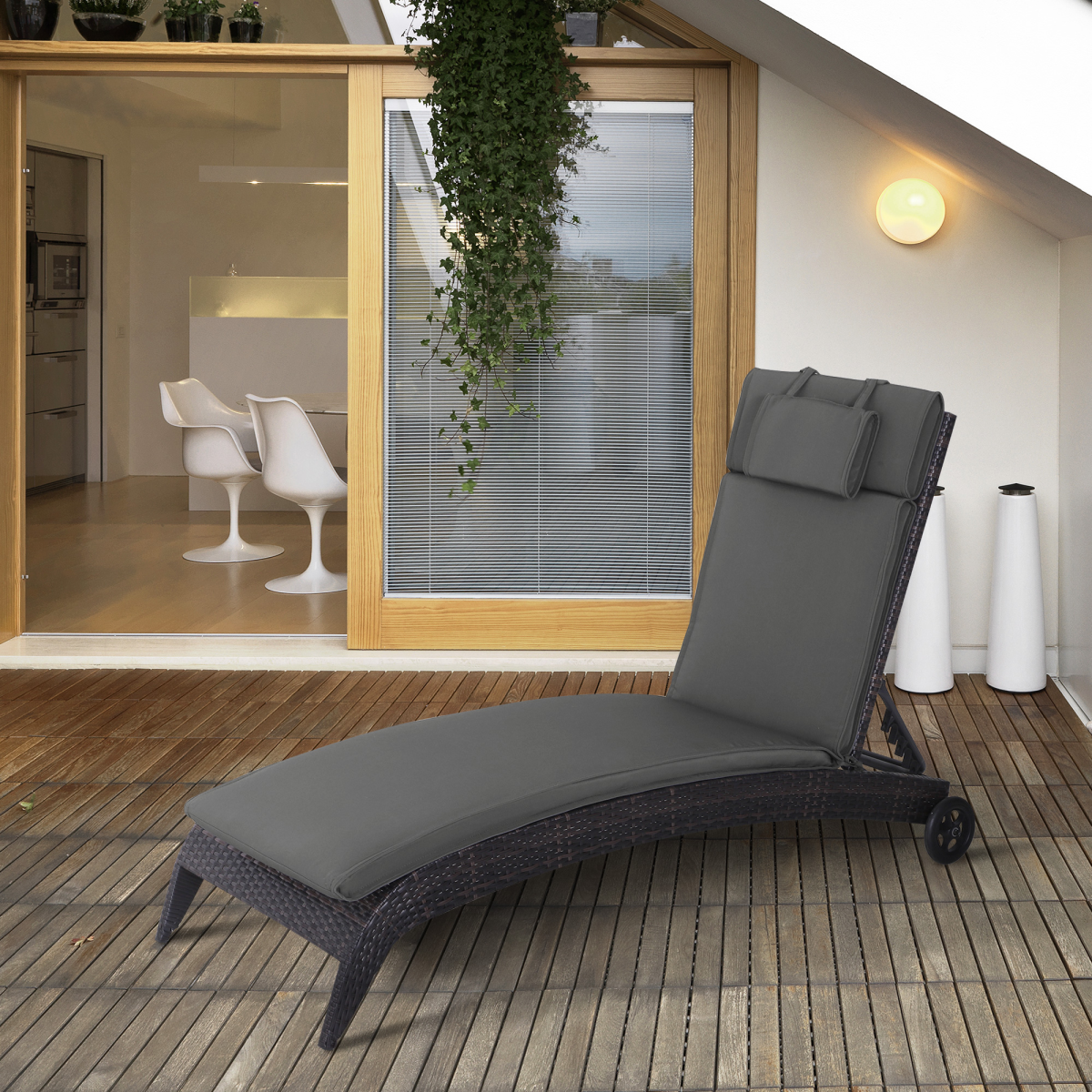 Outsunny Sun Lounger Cushion with Head Pillow & Side Ties – Indoor Outdoor Reclining Chair Pad, Grey