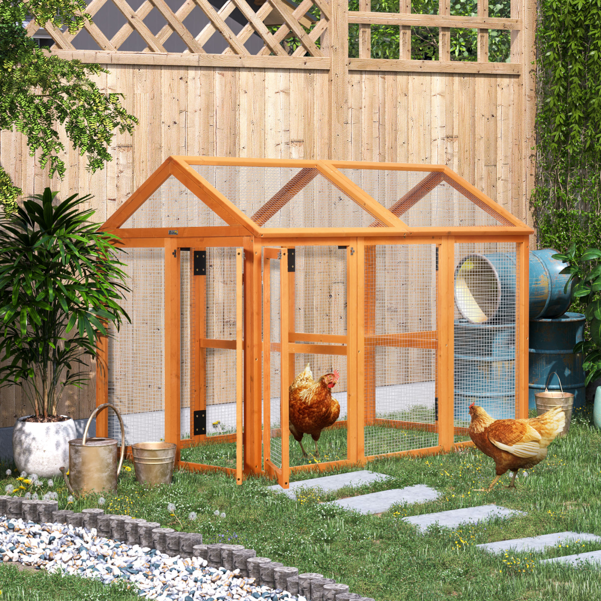 PawHut Wooden Chicken Run with Multiple Doors & Combinable Design – Spacious Coop for 3–6 Chickens, Orange