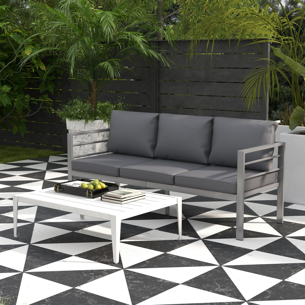 Outsunny 3-Seater Aluminium Garden Bench with Cushions, Armrests & Backrest – Patio Sofa, Grey
