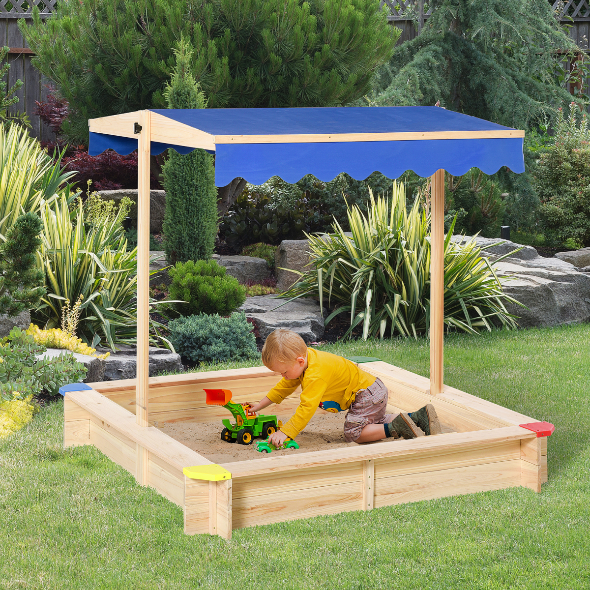 Outsunny Kids Wooden Cabana Sandbox with Bench & Adjustable Canopy – Outdoor Sandpit Playset, EN71 Certified