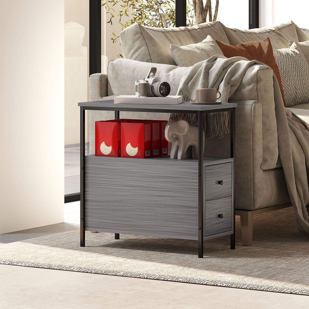 HOMCOM Narrow End Table with 2 Drawers and Storage Shelves – Industrial Sofa Side Table, Grey