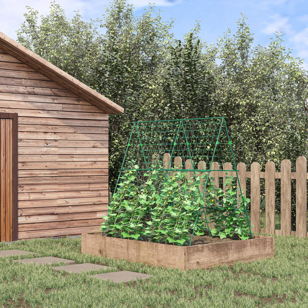 Outsunny A-Frame Trellis with Climbing Net – Plant Support for Vegetables, Flowers and Fruit, Green