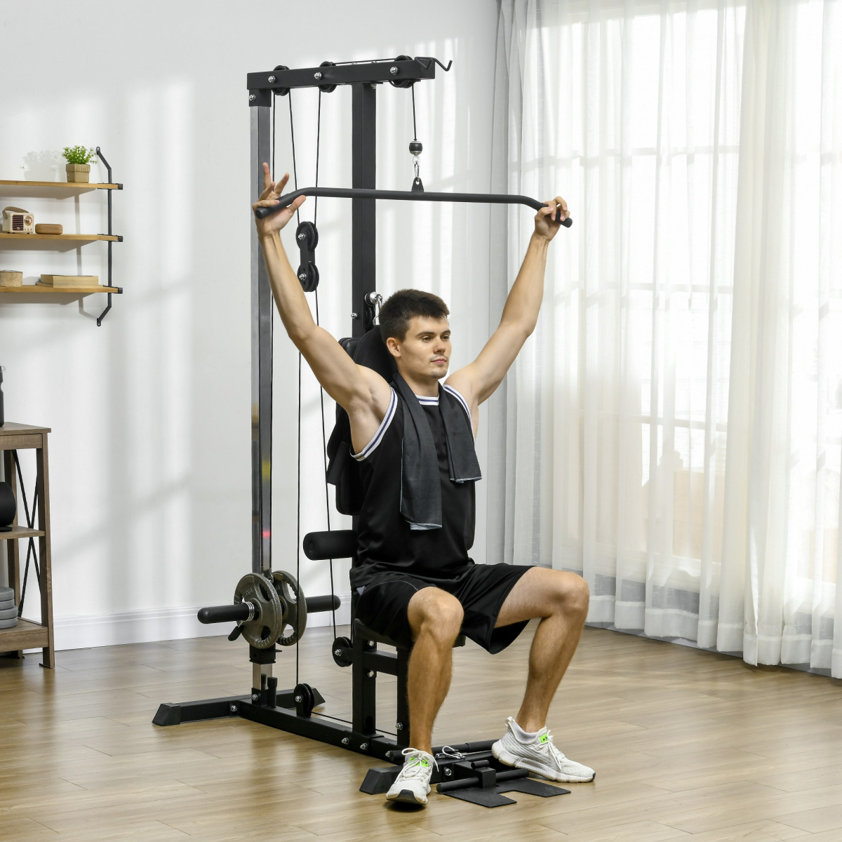 SPORTNOW Pull Up Station Power Cage with Lat Pull Down, Low Row Pulley & Adjustable Seat – Home Gym, Black