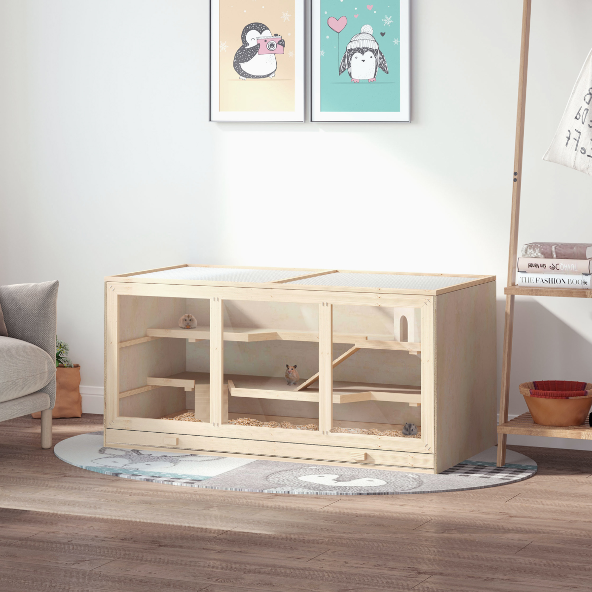 Wooden Hamster Cage with Exercise Run & Lockable Door – Small Animal Hutch for Rats, Mice, Guinea Pigs