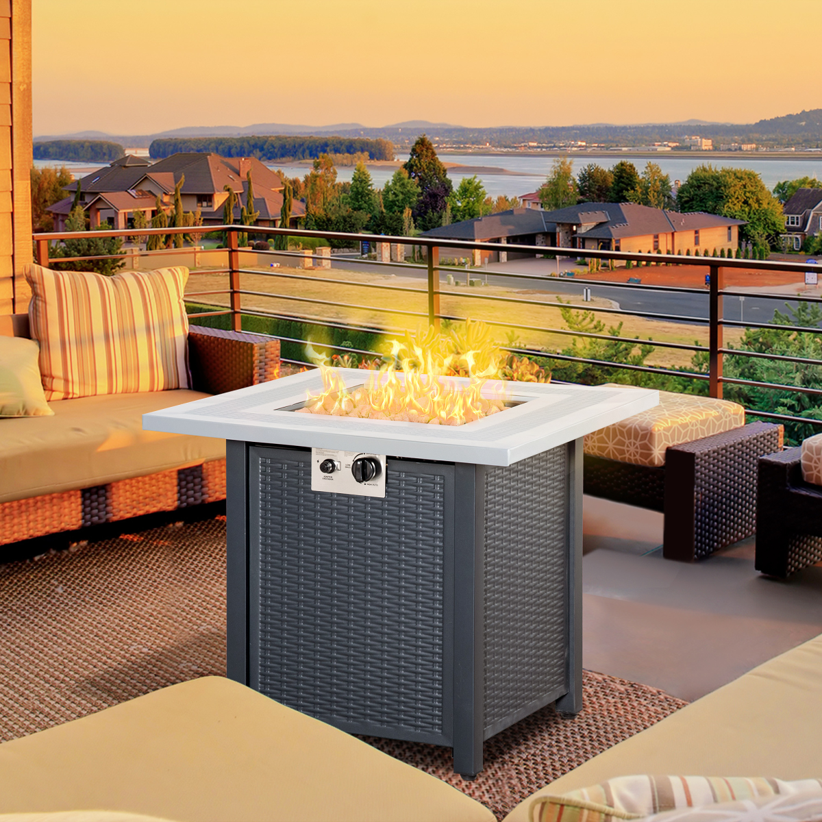 Outsunny Square Rattan Propane Gas Fire Pit Table with Lava Rocks and Lid – 40,000 BTU Patio Heater