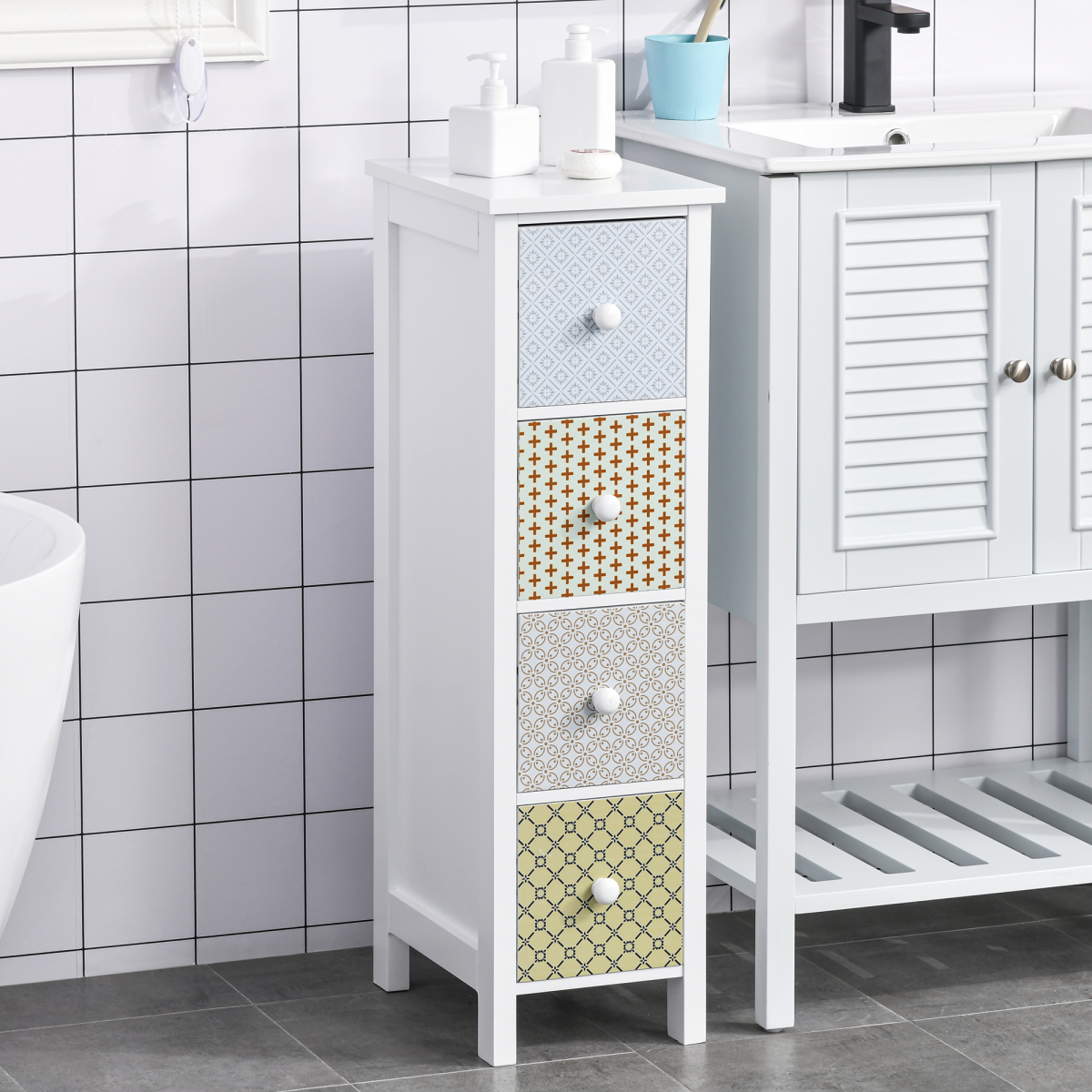 HOMCOM 4-Drawer Storage Cabinet with Patterned Drawers & Anti-Tipping Straps – Slim Tallboy for Bedroom