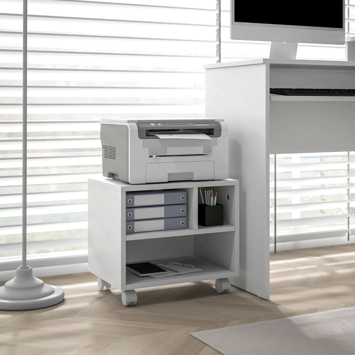 HOMCOM Printer Stand with 3 Compartments and Lockable Wheels – Home Office Storage Cart, 40kg Capacity, White
