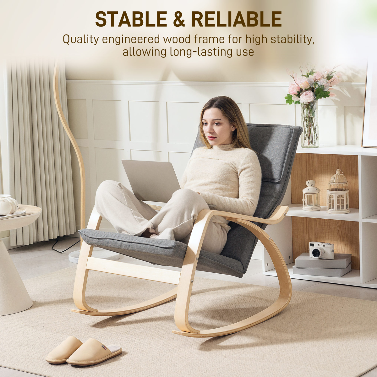 Rocking Chair with High Back, Headrest & Curved Wooden Frame – Linen-Feel Upholstered Armchair, Grey