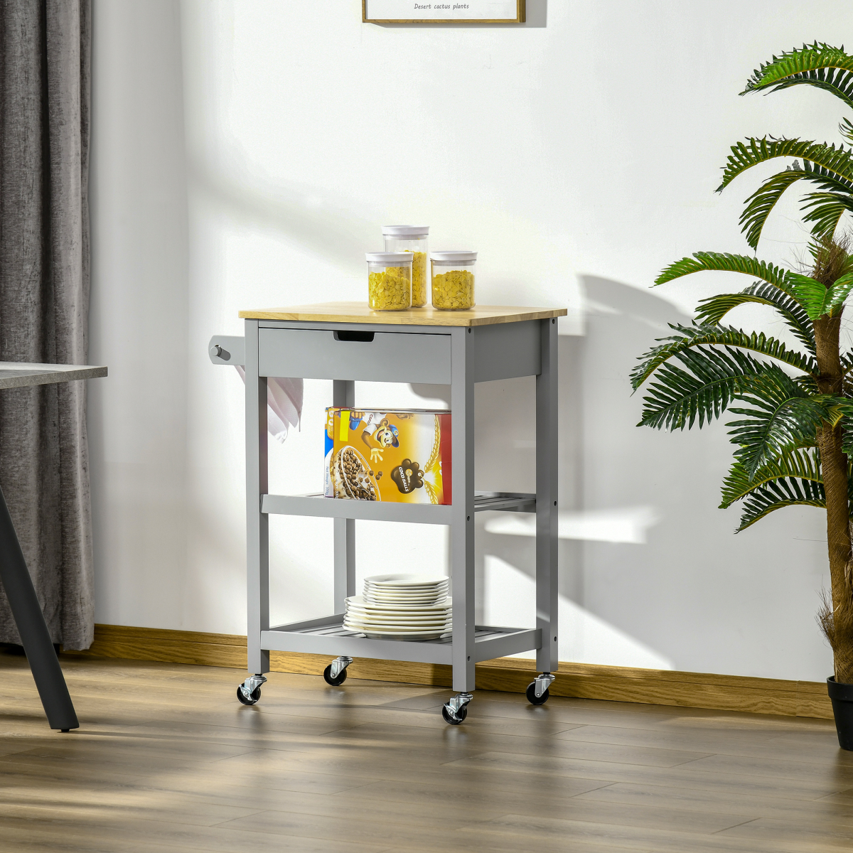 HOMCOM Kitchen Trolley Utility Cart with Solid Rubberwood Worktop, Drawer & Towel Rack