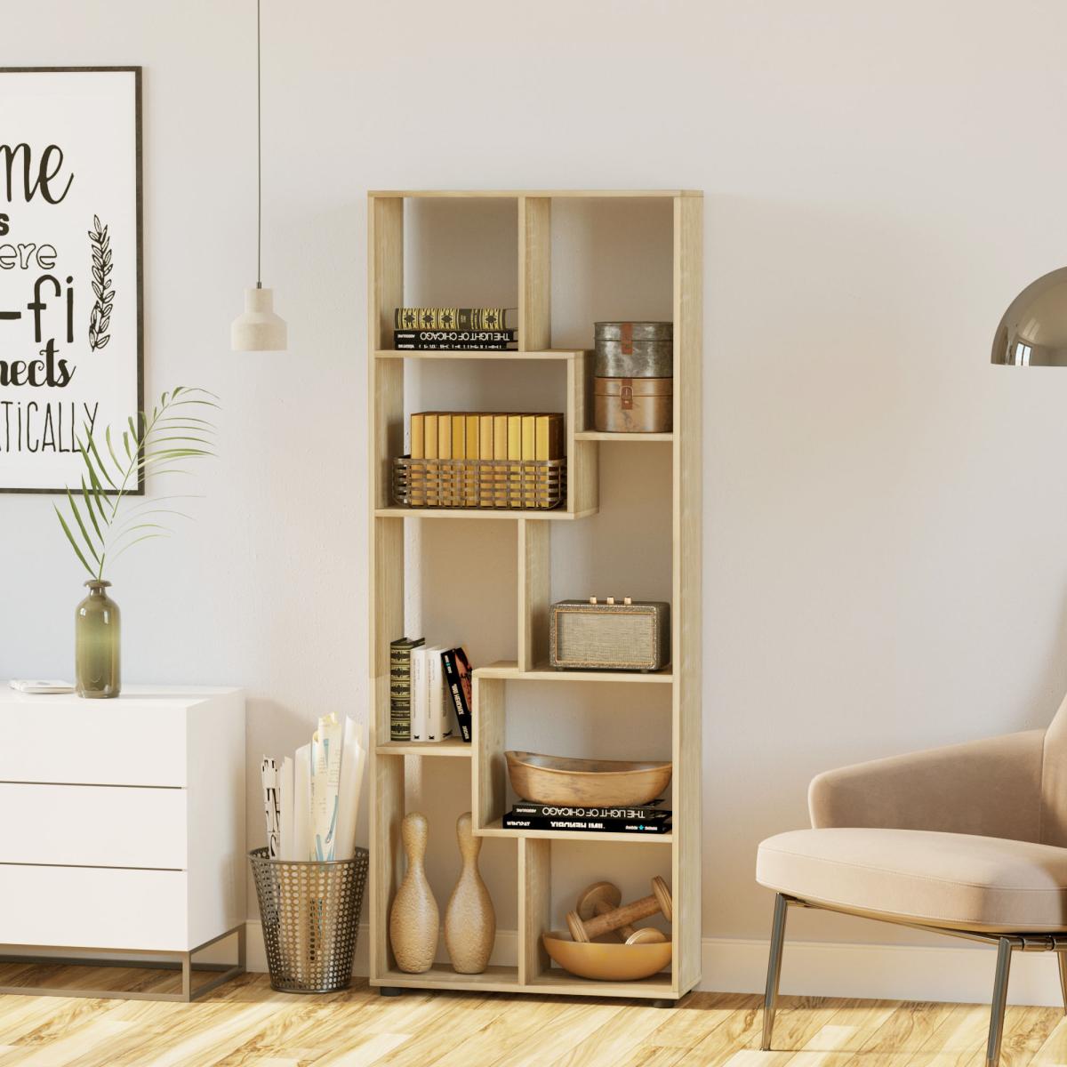 HOMCOM 178cm 8-Shelf Bookcase with Melamine Surface and Anti-Tipping Design – Multipurpose Storage, Oak Tone