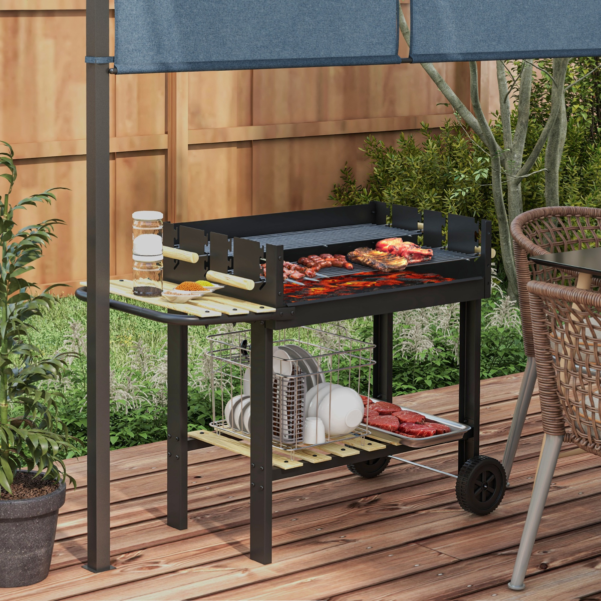 Outsunny Charcoal BBQ Grill with Two Grilling Areas, Side Table and Wheels – Garden Barbecue, Black