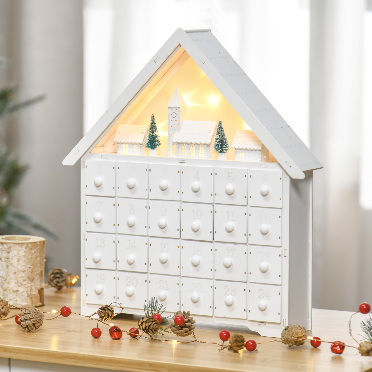 HOMCOM 24-Drawer Wooden Christmas Advent Calendar with LED Lights – Light-Up Countdown, White