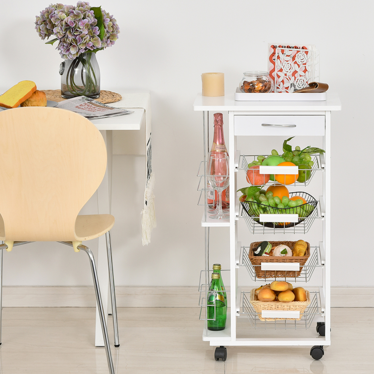 HOMCOM Multifunction Kitchen Island Trolley with Drawer, Side Racks & Storage Cabinet – White
