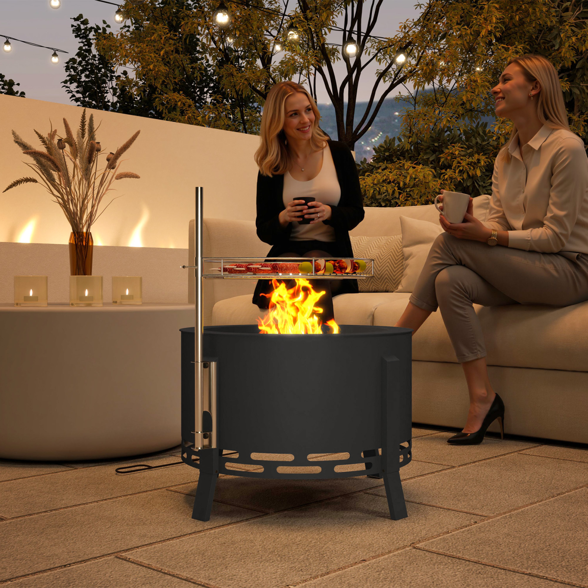 Outsunny Portable Fire Pit with Grill Grate and Poker, 58cm Round Steel Firepit – Garden BBQ Pit, Black
