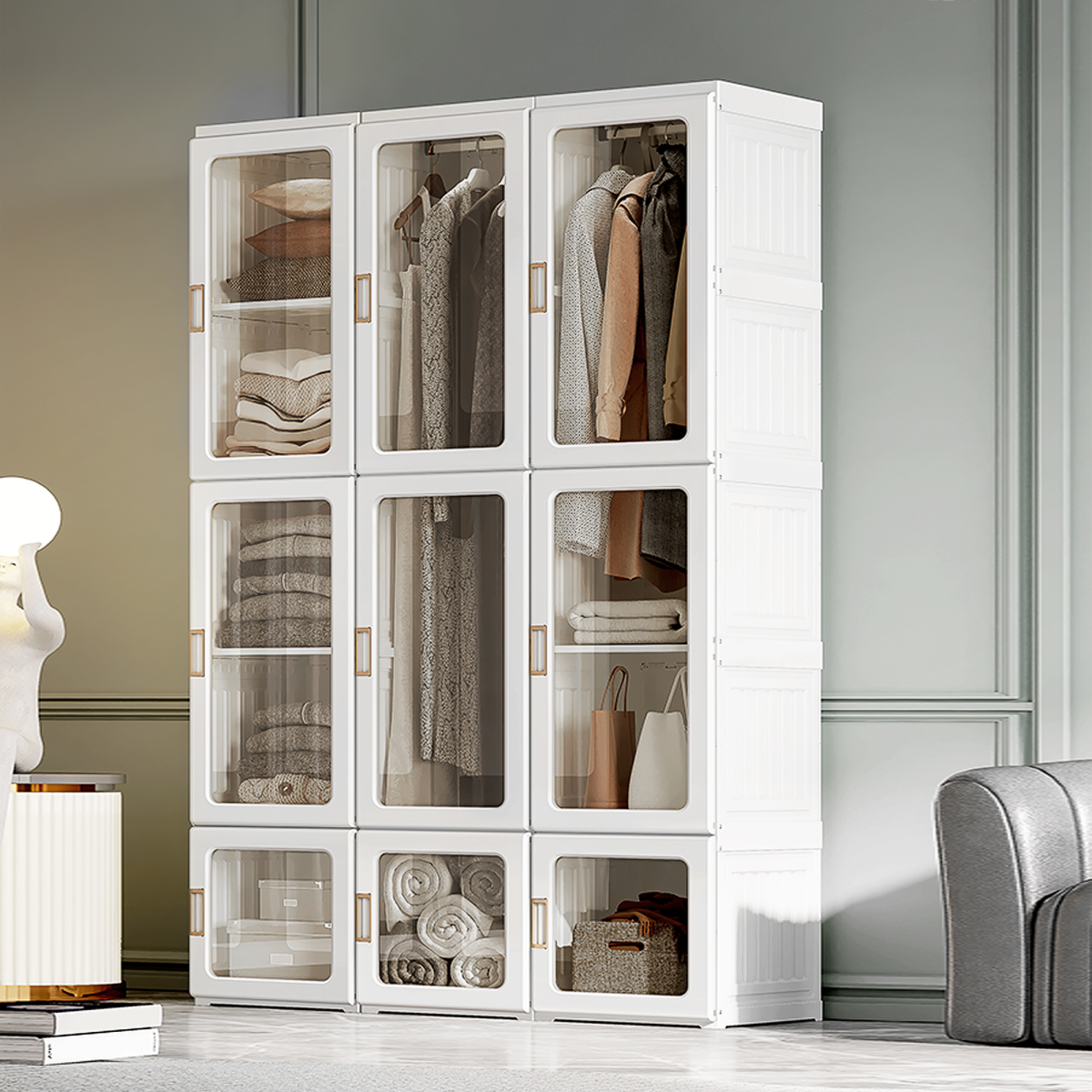 HOMCOM Foldable Portable Wardrobe with 8 Compartments & 2 Hanging Rods – Quick-Fold Bedroom Storage, White