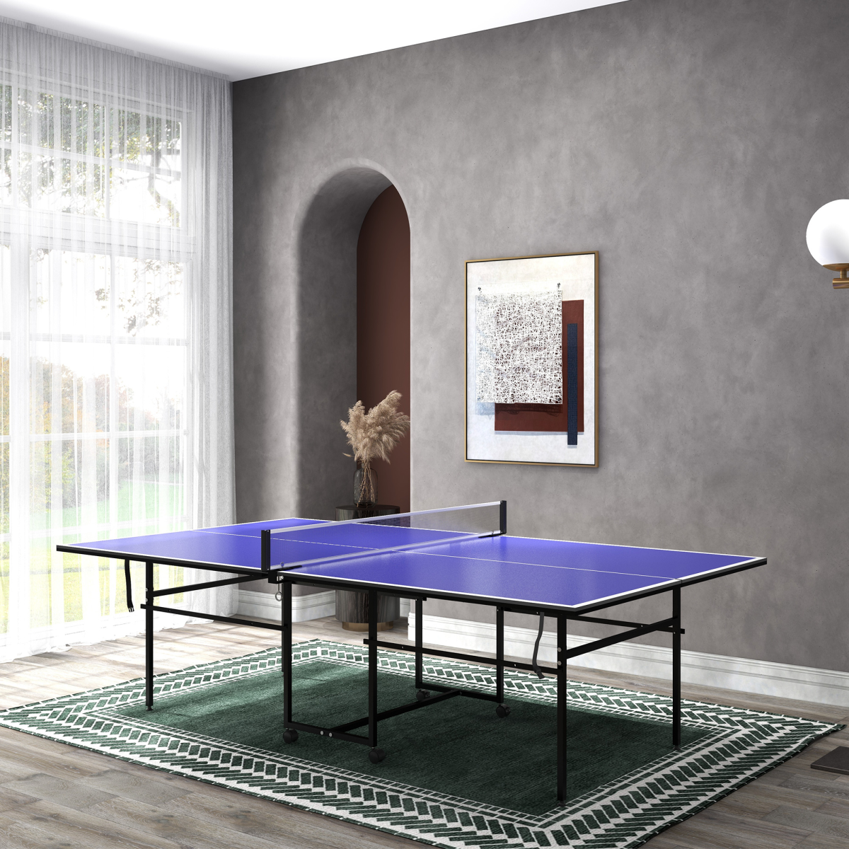 SPORTNOW 9ft Folding Table Tennis Table with 4 Lockable Wheels, Net, 2 Paddles & 3 Balls – Indoor, Blue