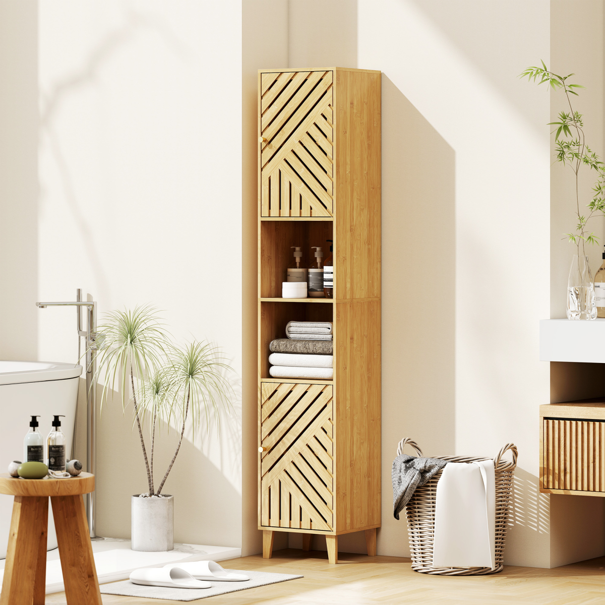 HOMCOM Tall Slim Bathroom Cabinet with Bamboo Doors, Open Compartments & Adjustable Shelves – Storage, Natural