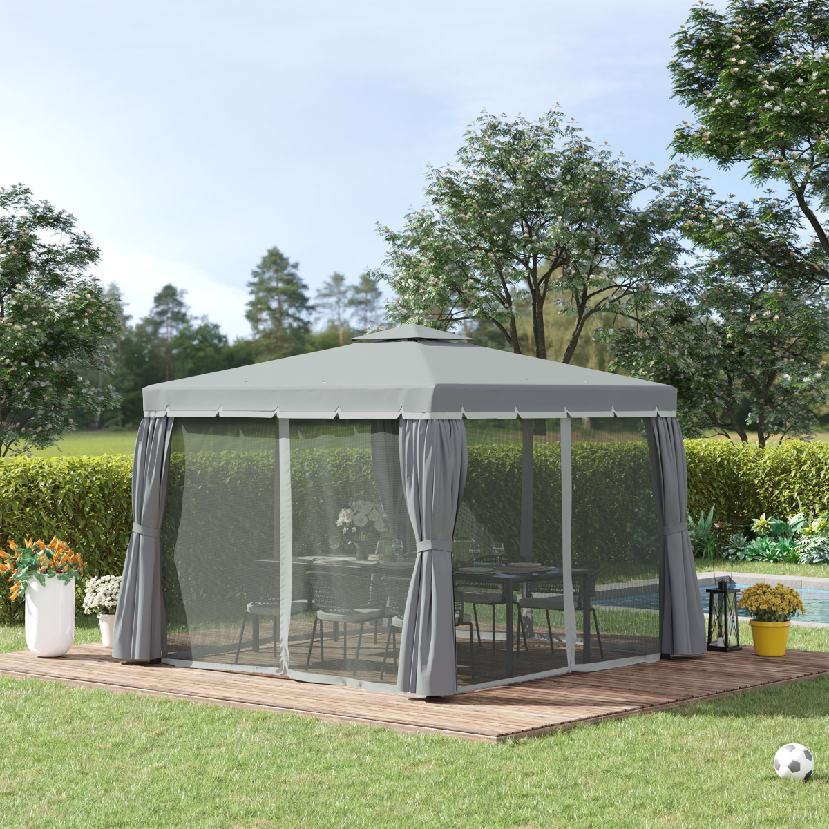 Outsunny 3x3m Gazebo with 2-Tier Roof, Mosquito Net & 4 Curtains – Garden Canopy, Dark Grey